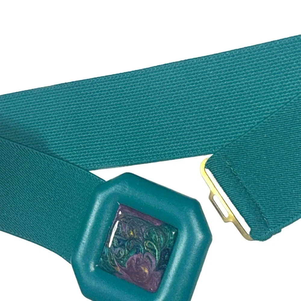 Day Lor Retro Vintage elastic stretch belt teal swirl square buckle gold cinch